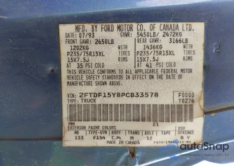 1993 Ford F150 from USA, damaged, VIN 2FTDF15Y8PCB33578